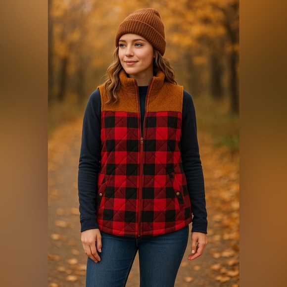 EUC Maurices Women’s Buffalo Plaid Sherpa-Lined Vest – Sz L (Red/Black Check) - Picture 1 of 12